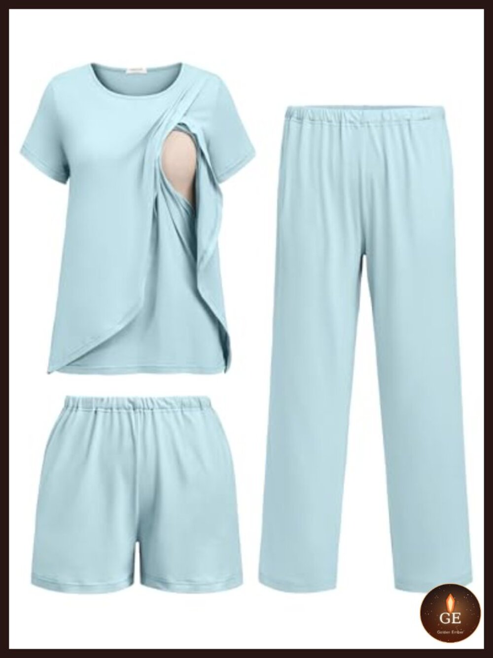 3 Piece Maternity Nursing Pajama Set Short Sleeve Top Shorts & Pants